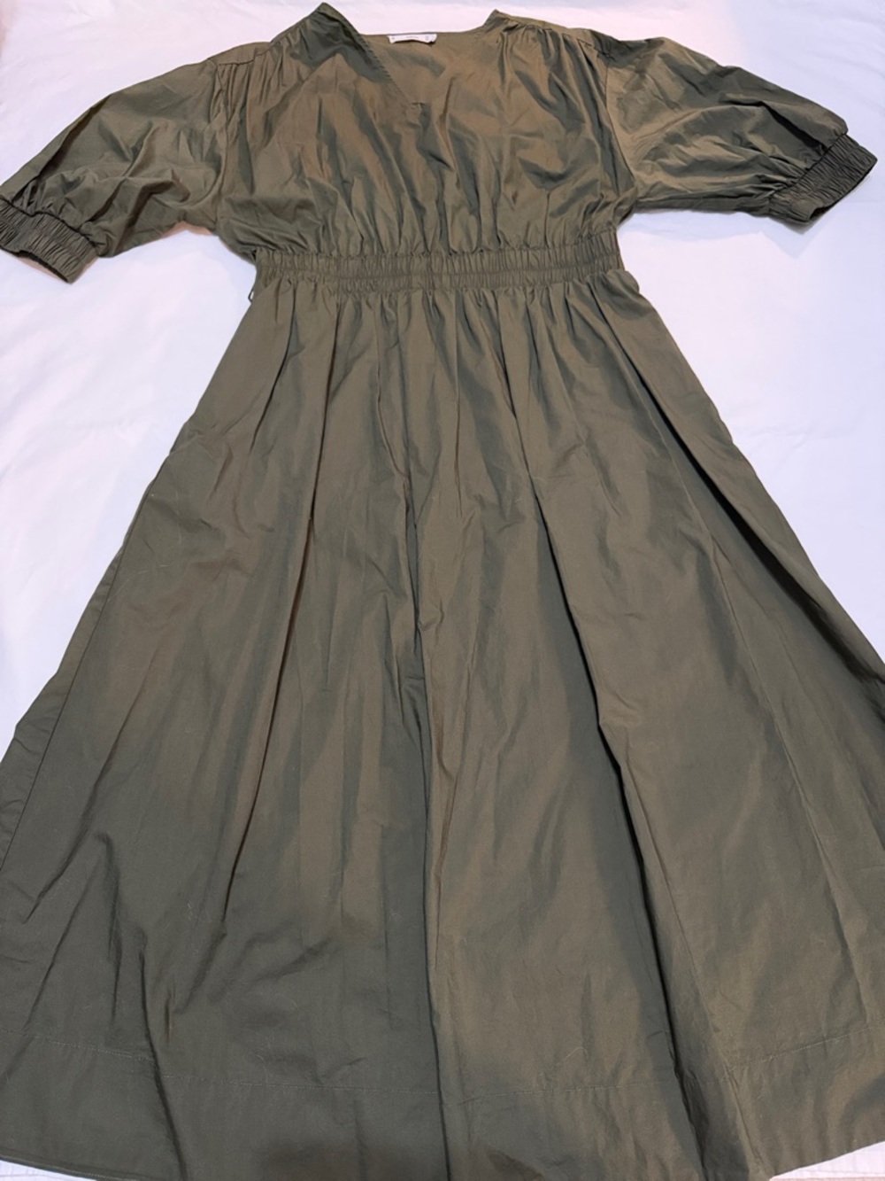 Mango Olive Green V-Neck Smocked Waist Cotton Midi Dress L